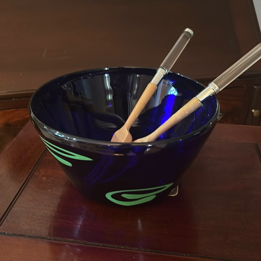Art Glass Salad Bowl, modern servers with Sterling Silver mounts.
